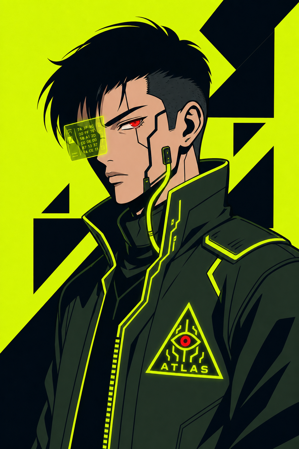 JIN — ATLAS v4 contract surgeon. Cyberpunk operator with neon visor over one eye.